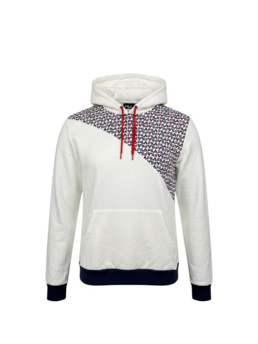 Fila Men's White Logo Print Pullover Hoodie Red Drawstring Navy Size M